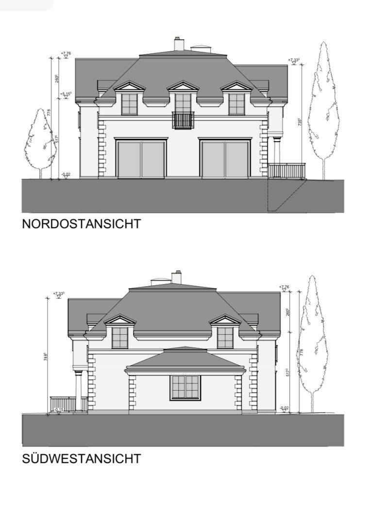 Nordost- und Südwestansicht des Hauses mit Balkonen und Fenstern.