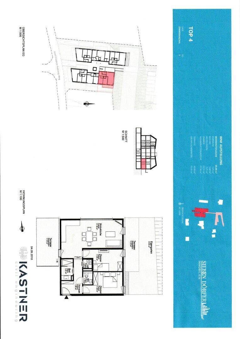 Grundrissplan der Wohnung mit Raumaufteilung und Terrassenbereichen.