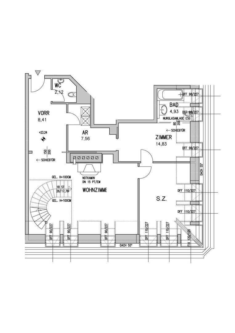 Grundrissplan einer Etage mit Wohnzimmer, Schlafzimmer, Bad, separatem WC und einer Wendeltreppe.