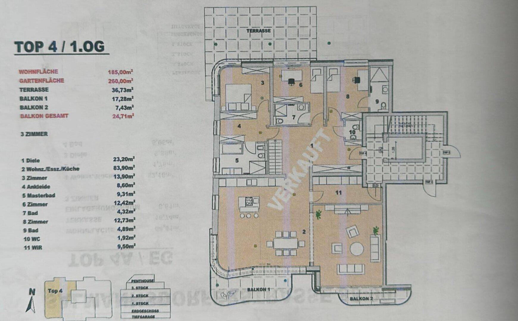 Grundriss einer Wohnung mit offenem Wohnbereich, mehreren Schlafzimmern, Bädern, Balkonen und einer großen Terrasse.