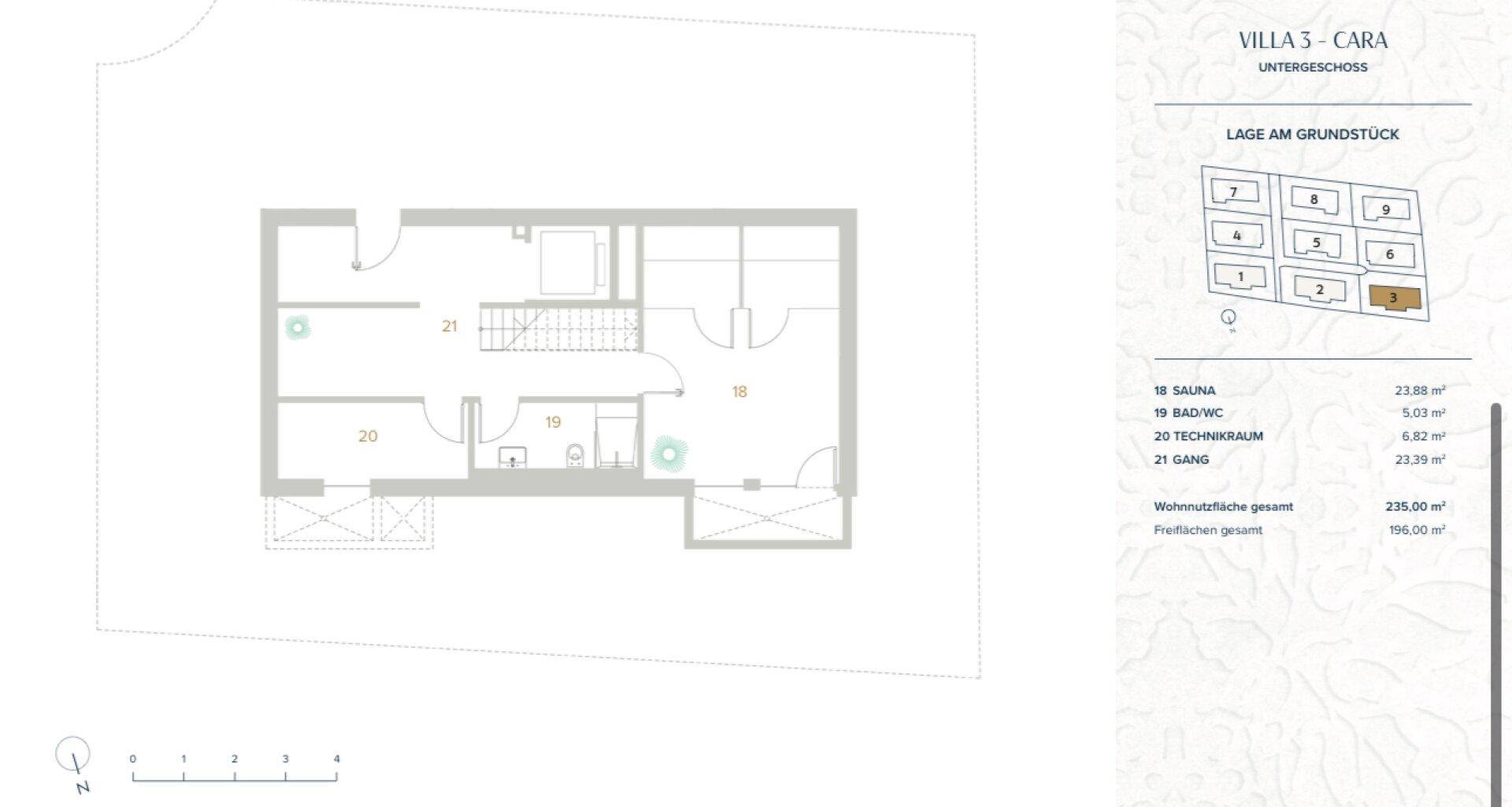 Grundriss des Untergeschosses mit Sauna, Bad/WC und Technikraum für zusätzlichen Komfort und Stauraum.