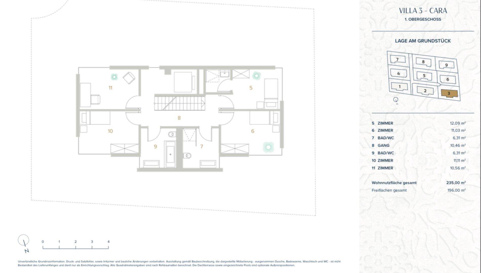 Grundriss des ersten Obergeschosses mit mehreren Zimmern und Bädern, ideal für Schlaf- oder Gästezimmer.