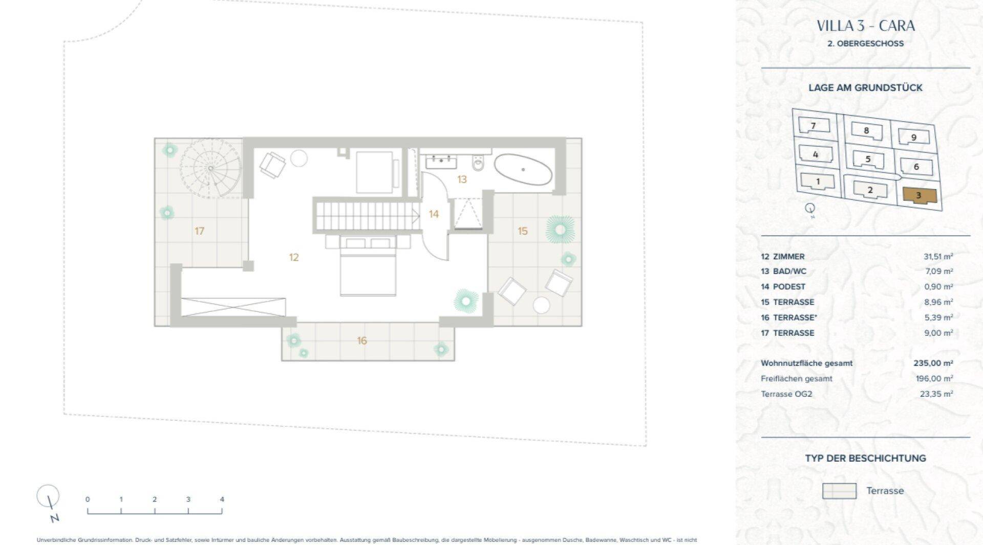 Grundriss des zweiten Obergeschosses mit Hauptschlafzimmer, Bad mit Badewanne und Zugang zu mehreren Terrassen.