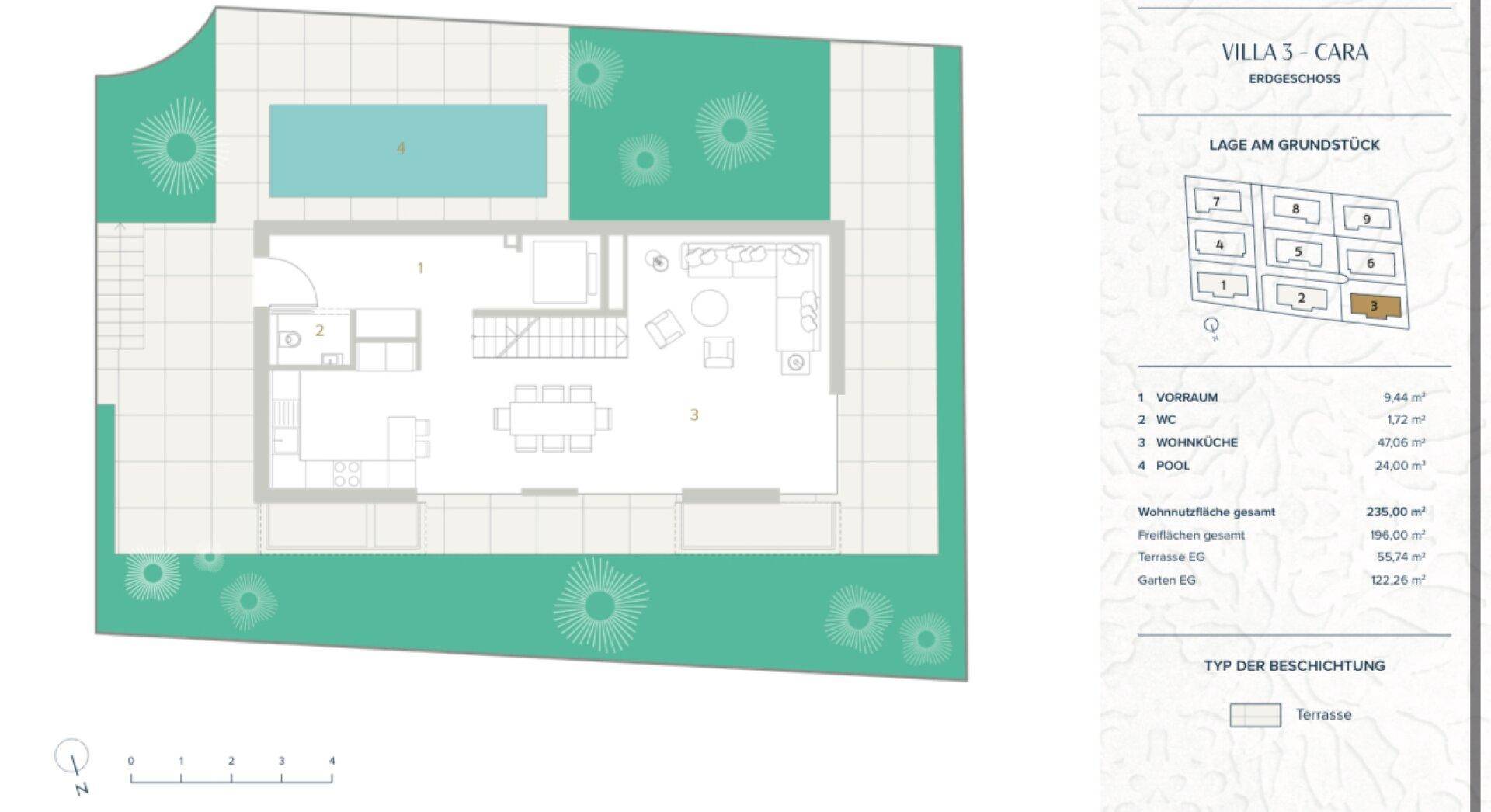Grundriss des Erdgeschosses mit offenem Wohnbereich, Küche, Gäste-WC und direktem Zugang zum Pool und Garten.
