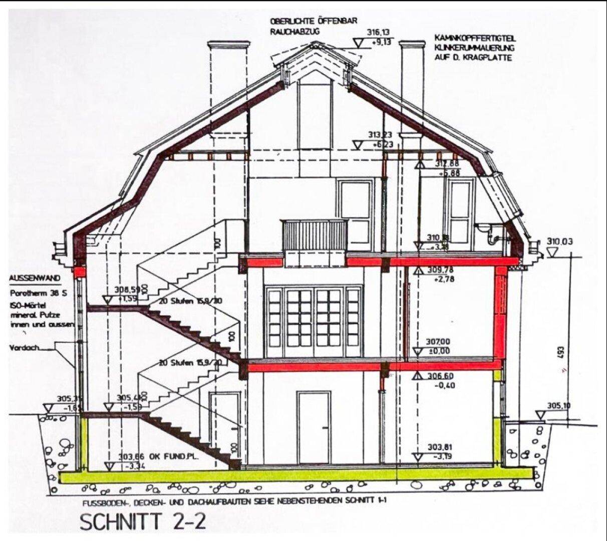 Architektonischer Schnitt durch das Gebäude zeigt die Geschosse und Dachkonstruktion.