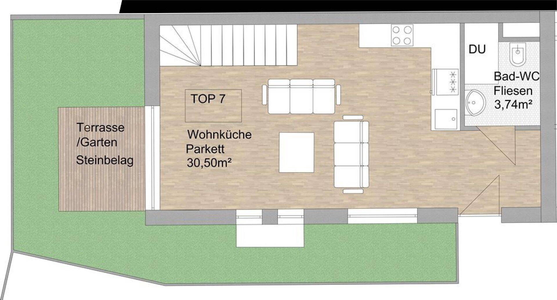 Grundriss für TOP 7 mit Wohnküche, Bad-WC und Zugang zu Terrasse und Garten.