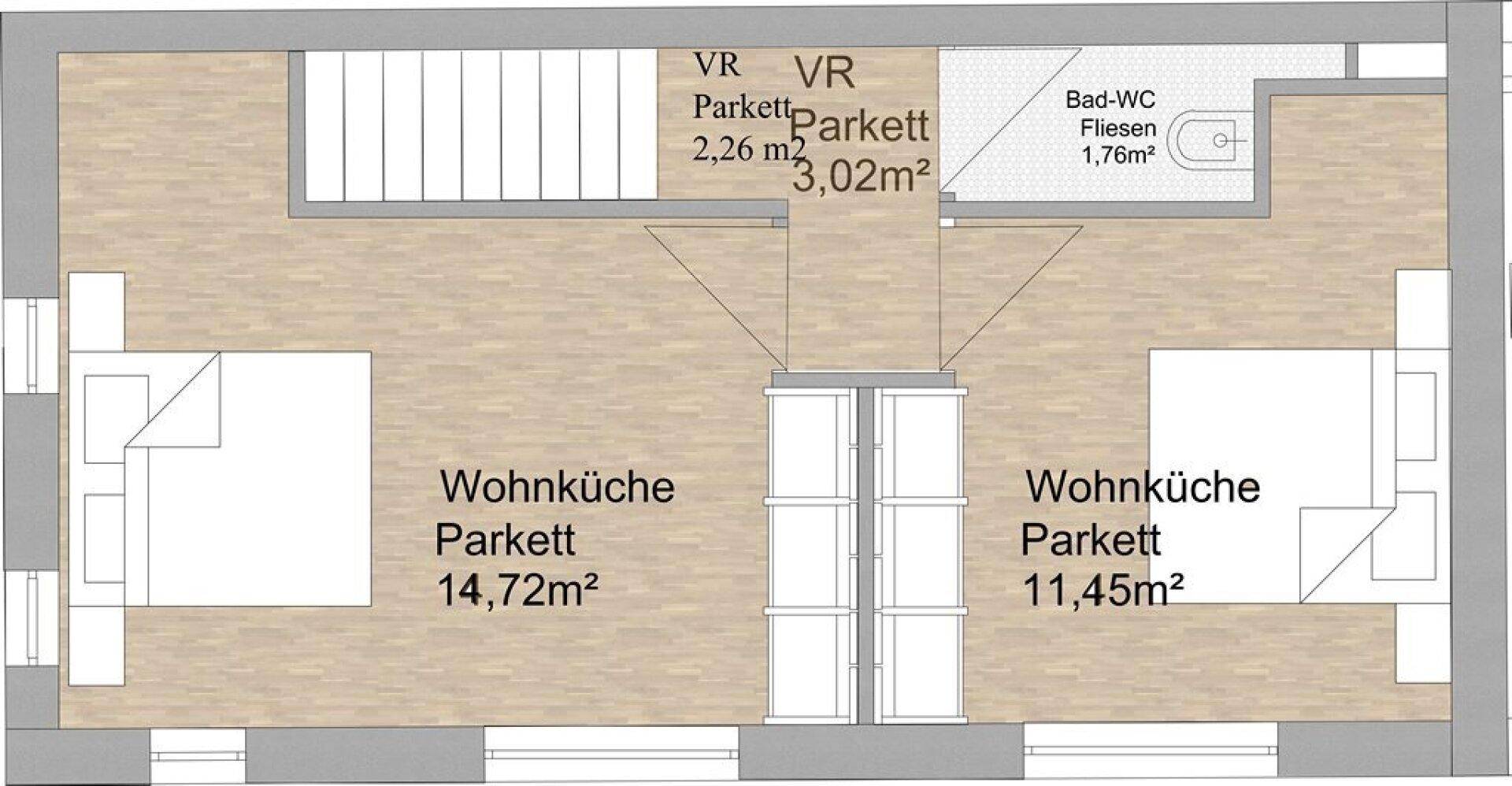Grundriss mit zwei Wohnküchen, Bad-WC und Flurbereichen, alle mit Parkettboden.