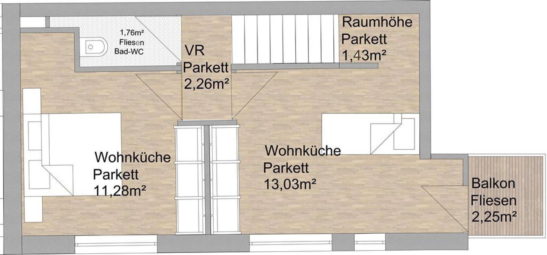 Grundriss mit zwei Wohnküchen, Bad-WC, Flur und einem Balkon.