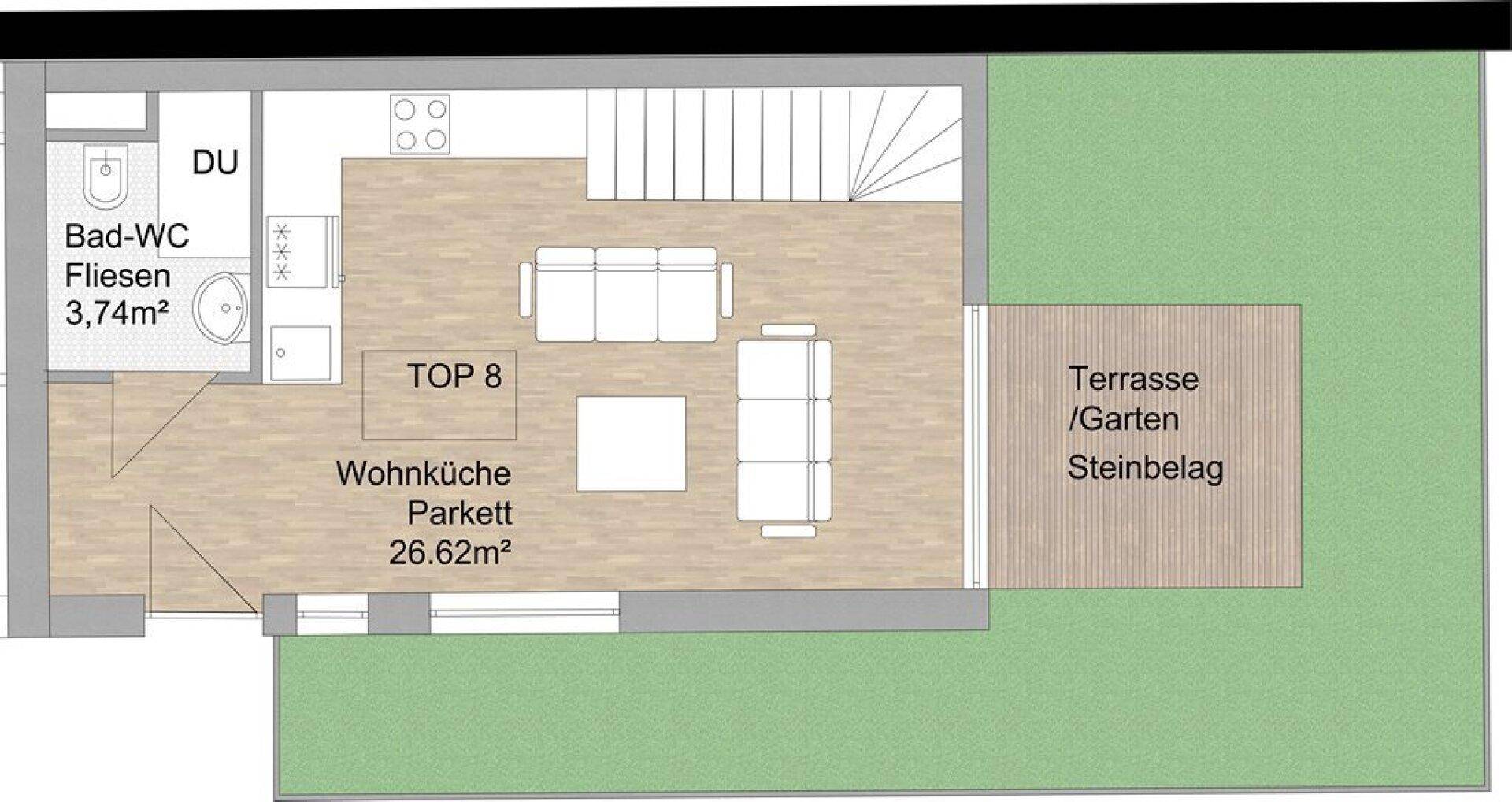 Grundriss für TOP 8 mit Wohnküche, Bad-WC und großzügiger Terrasse mit Gartenanteil.