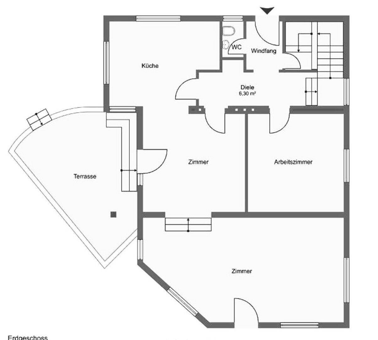 Grundriss des Erdgeschosses mit Küche, WC, Windfang, Diele, zwei Zimmern und Terrasse.