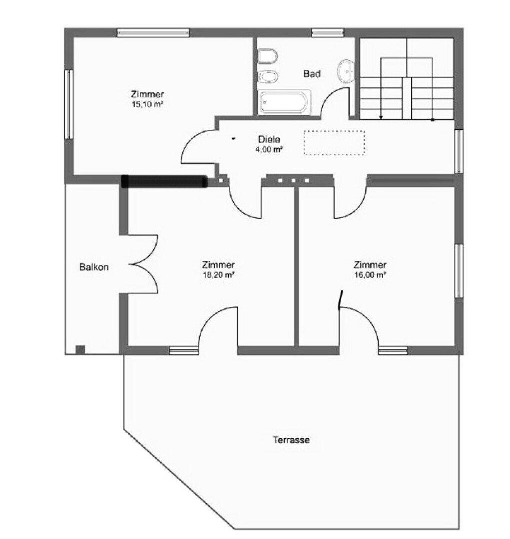 Grundriss des Obergeschosses mit drei Zimmern, Bad, Diele, Balkon und großer Terrasse.