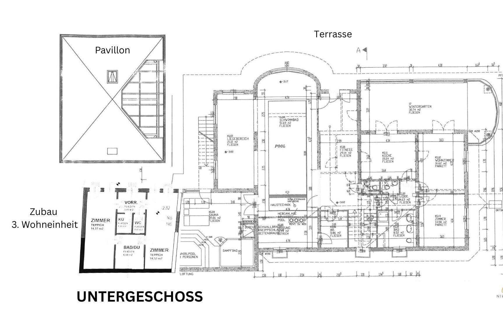 Grundriss des Untergeschosses mit Pool, Terrasse, Technikraum und einer dritten Wohneinheit.