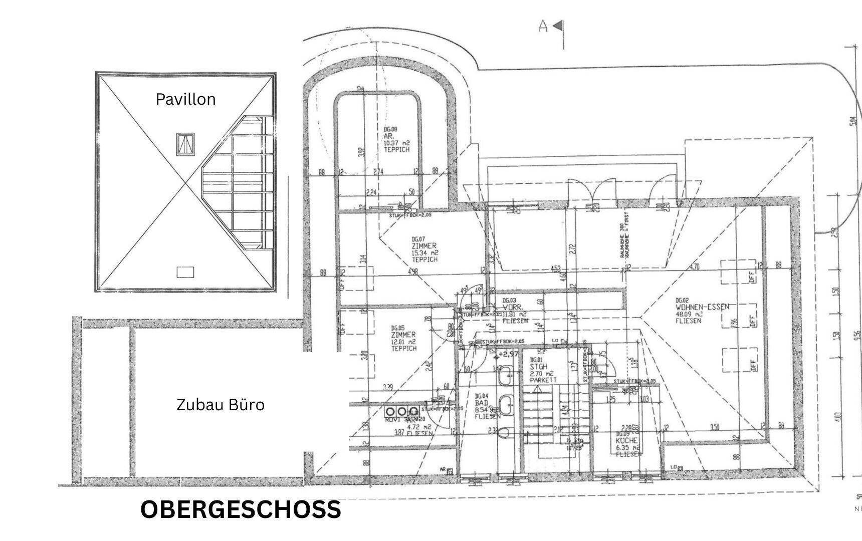 Grundriss des Obergeschosses mit Pavillon, Büro, Wohn-Essbereich und weiteren Zimmern.