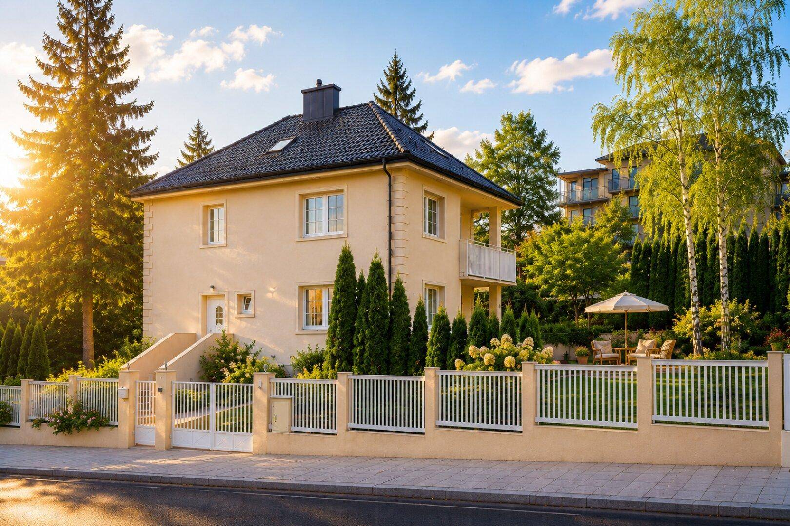 Freistehendes Einfamilienhaus mit gepflegter Fassade und Vorgarten, umzäunt von einem weißen Zaun.