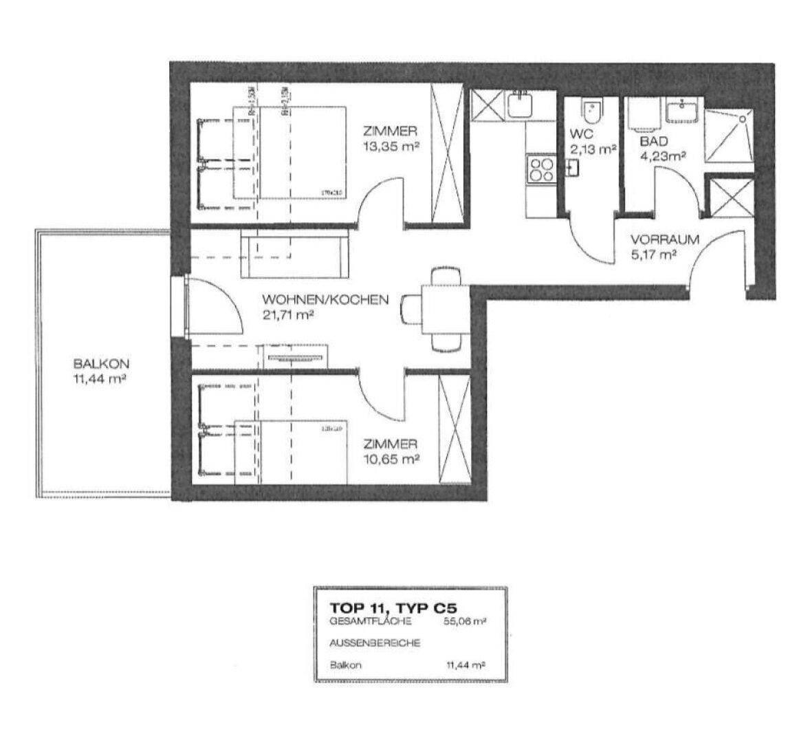 Grundriss einer Wohnung mit zwei Schlafzimmern, offenem Wohn-/Kochbereich und Balkon.