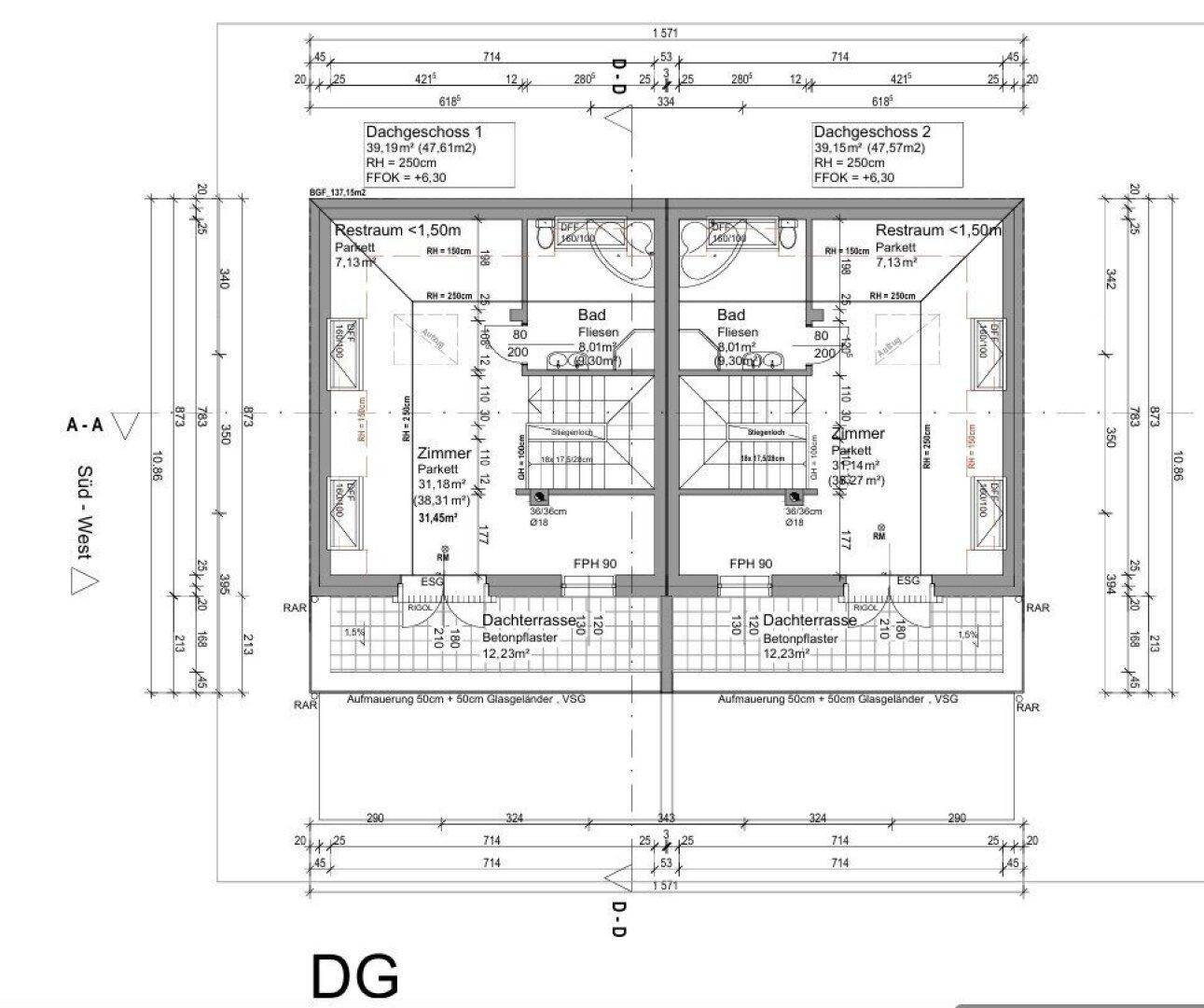Grundriss des Dachgeschosses mit Zimmern, Bad und Dachterrasse.