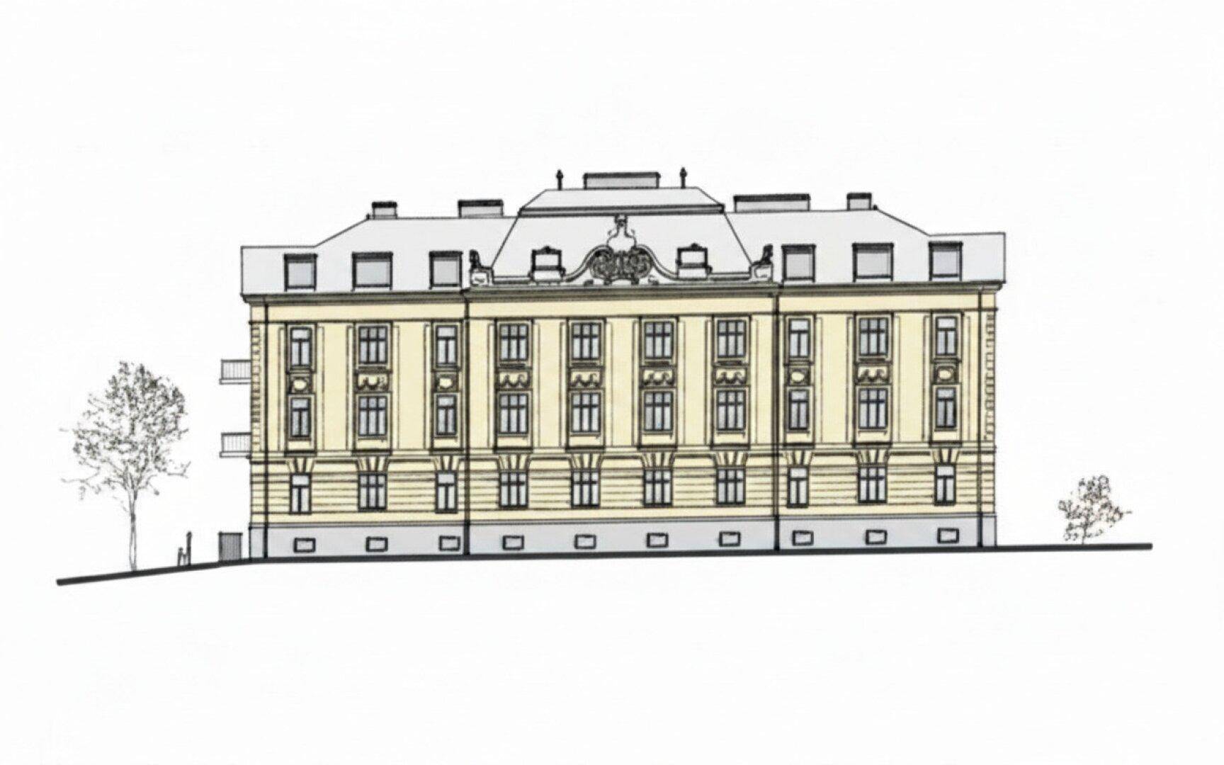 Architektonische Zeichnung der Gebäudefassade mit klassischen Details und mehreren Fenstern.