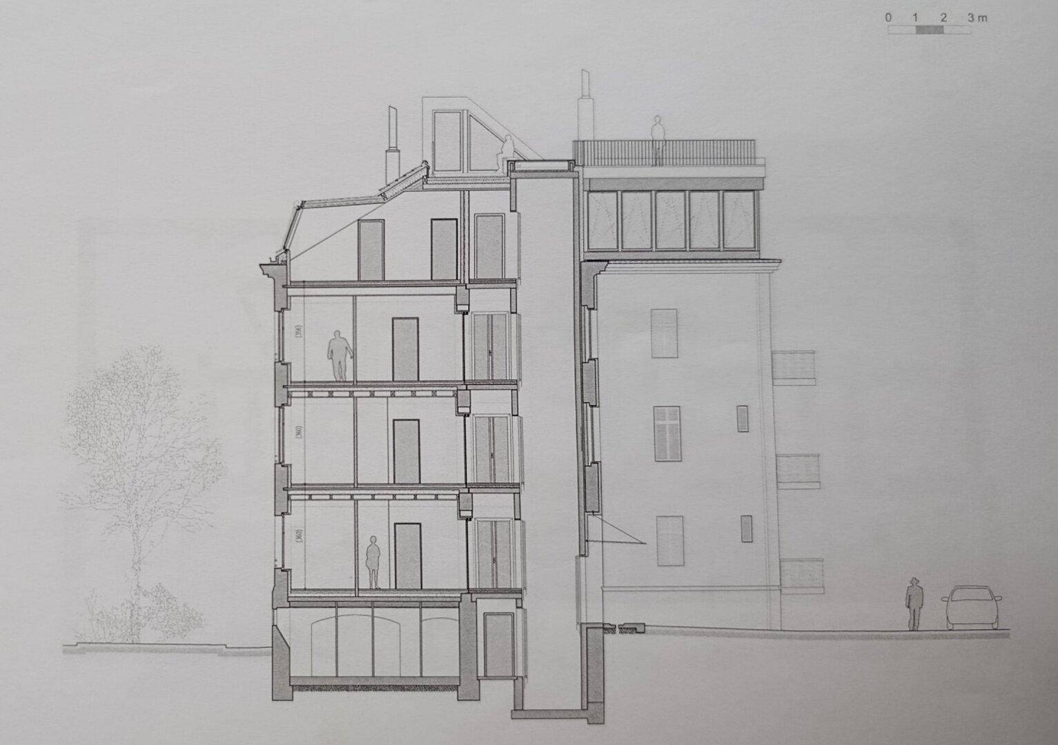 Architektonischer Querschnitt des Gebäudes, der die verschiedenen Stockwerke und Dachstrukturen zeigt.