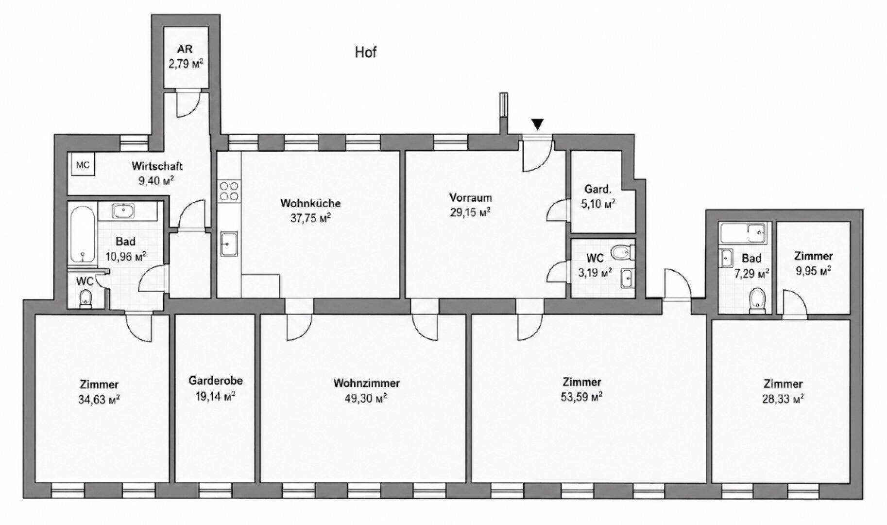 Detaillierter Grundriss einer großzügigen Wohnung mit mehreren Zimmern, zwei Bädern und separatem WC.