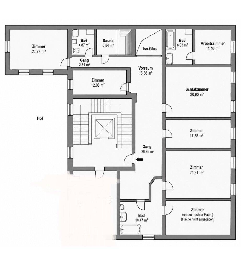 Detaillierter Grundriss einer Wohnung mit mehreren Zimmern, drei Bädern und einer Sauna.