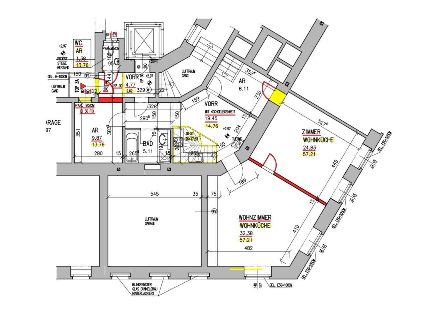 Technischer Grundriss mit detaillierten Raummaßen und Aufteilung der Wohneinheit.
