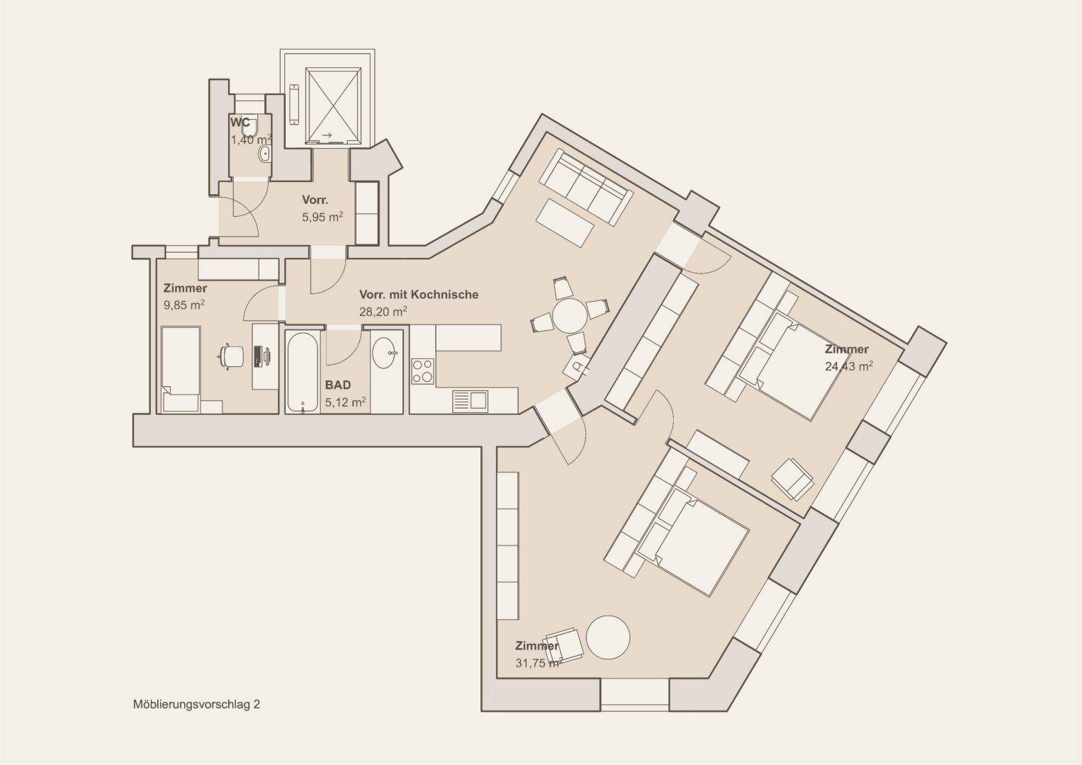 Alternativer Möblierungsvorschlag für den Grundriss mit zwei Schlafzimmern und Kochnische.