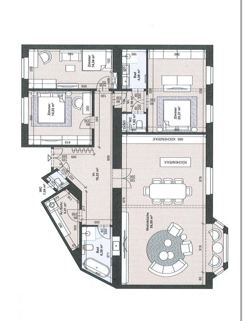 Detaillierter Grundriss der Wohnung mit Raumaufteilung und Flächenangaben in Quadratmetern.