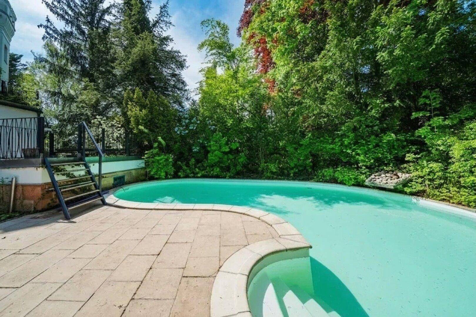 Einladender Swimmingpool mit befestigtem Bereich und Treppe, eingebettet in eine grüne, baumbestandene Umgebung.