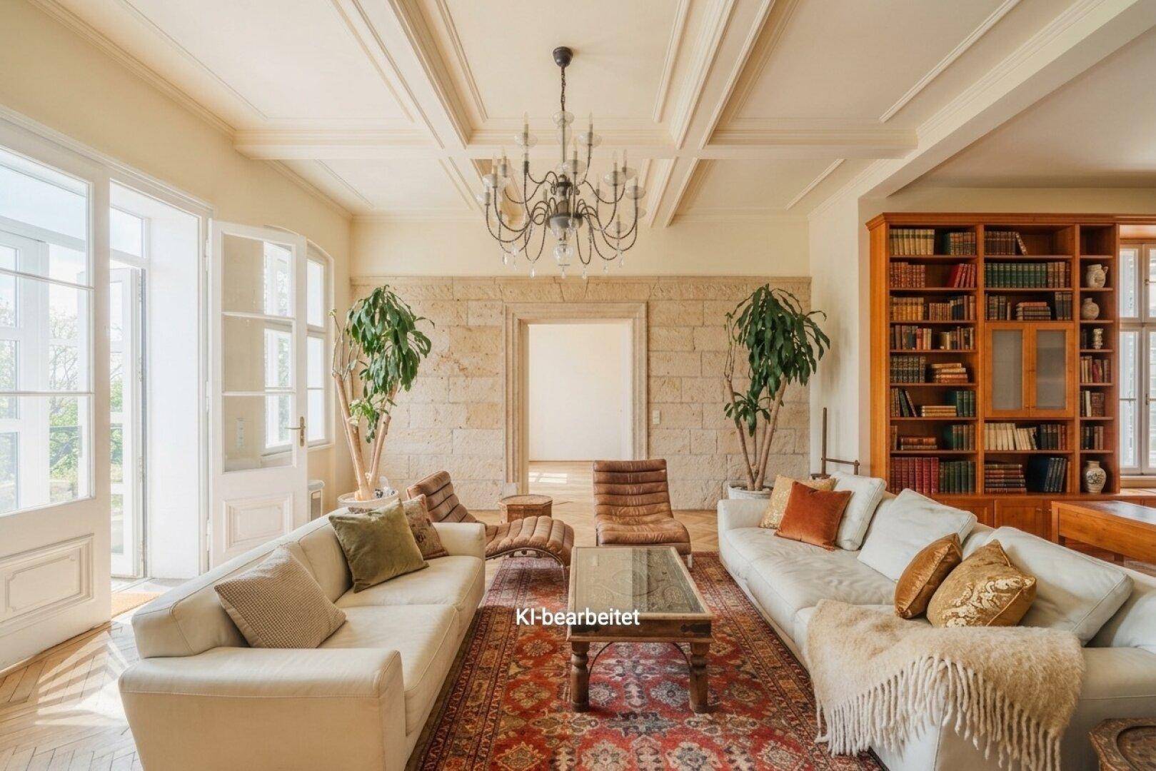 Helles Wohnzimmer mit zwei weißen Sofas, Steinwänden und einer beeindruckenden Kassettendecke.