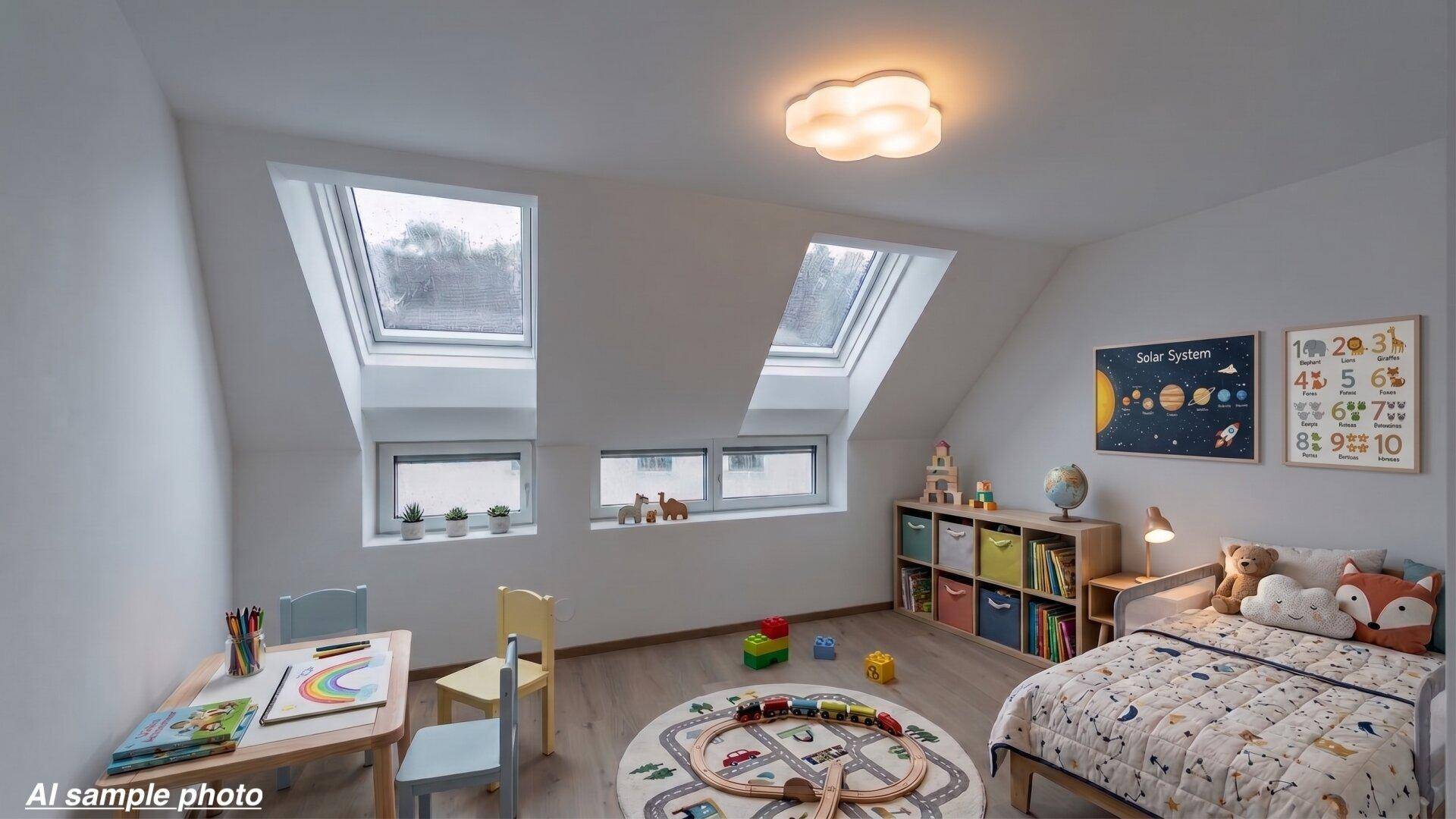 Helles Kinderzimmer im Dachgeschoss mit Dachfenstern, Spielbereich und kindgerechter Einrichtung.