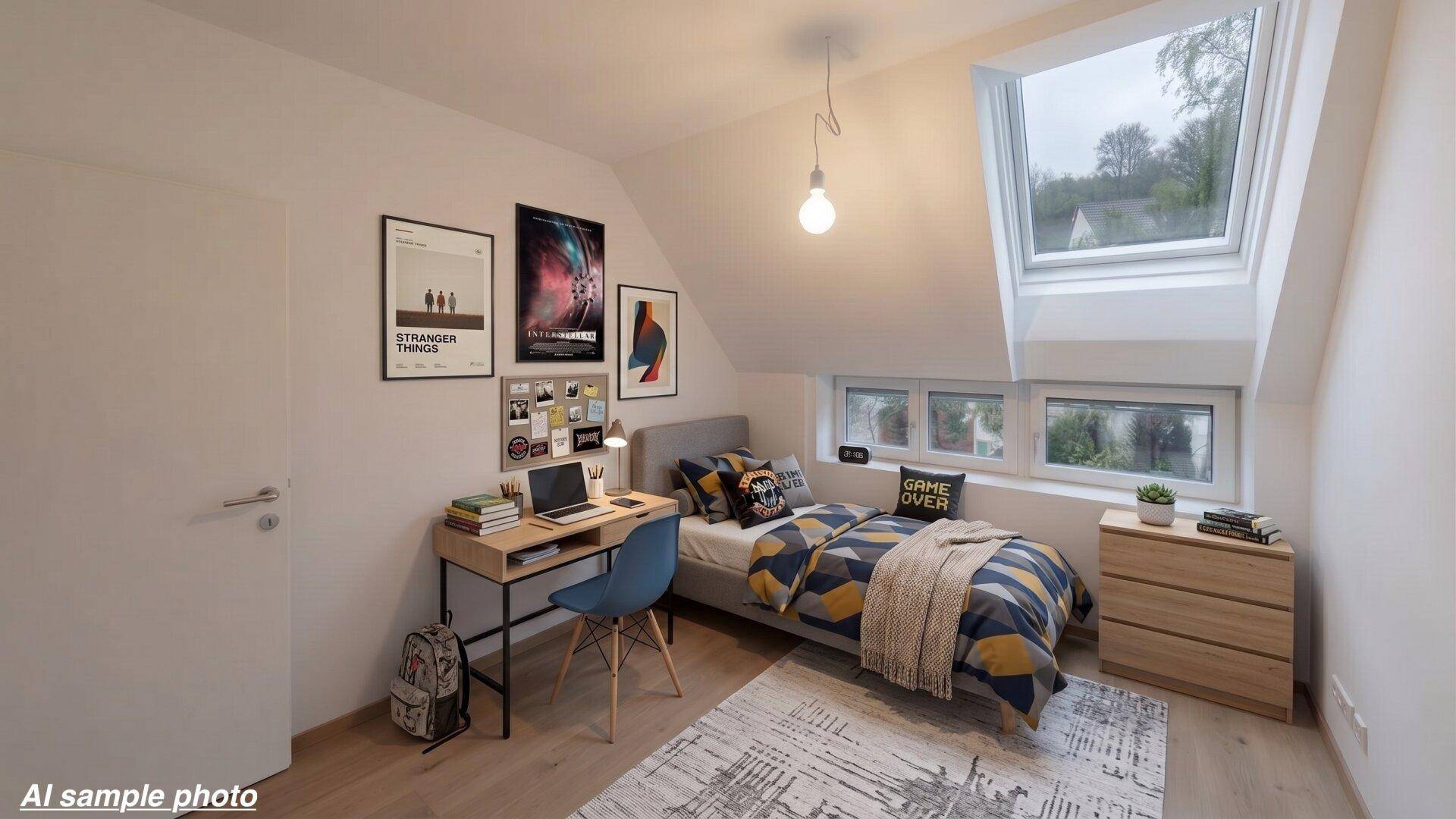Jugendzimmer im Dachgeschoss mit Schreibtisch, Bett und Dachfenstern für viel Tageslicht.