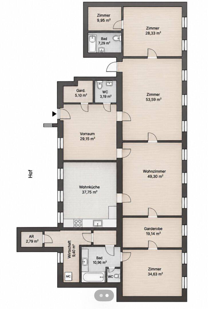 Detaillierter Grundriss einer großzügigen Wohnung mit mehreren Zimmern, offener Wohnküche und Bädern.