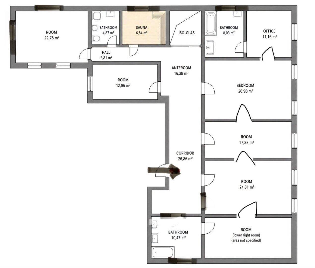 Detaillierter Grundriss mit mehreren Zimmern, drei Bädern, einer Sauna und einem separaten Büro.