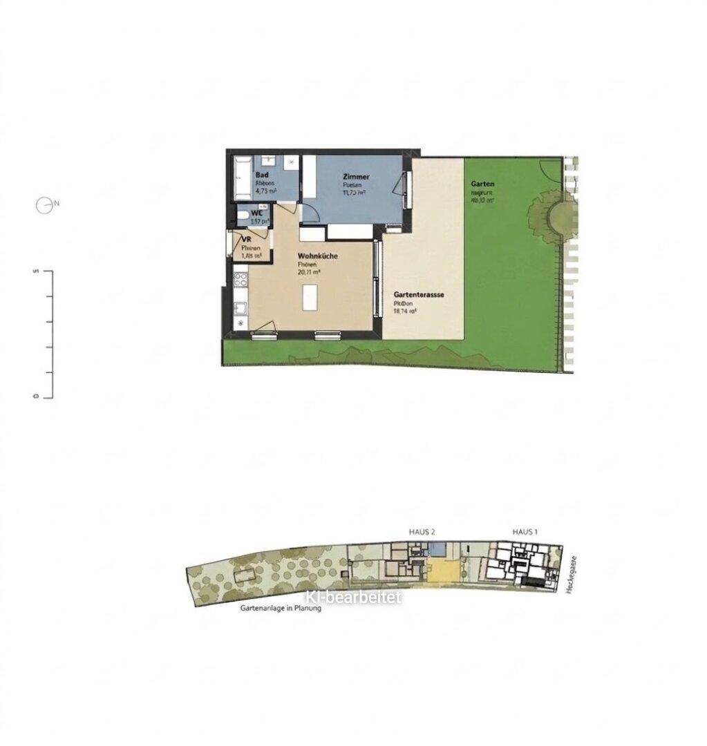 Grundriss einer Erdgeschosswohnung mit Wohnküche, Schlafzimmer, Bad, WC, Terrasse und Garten.