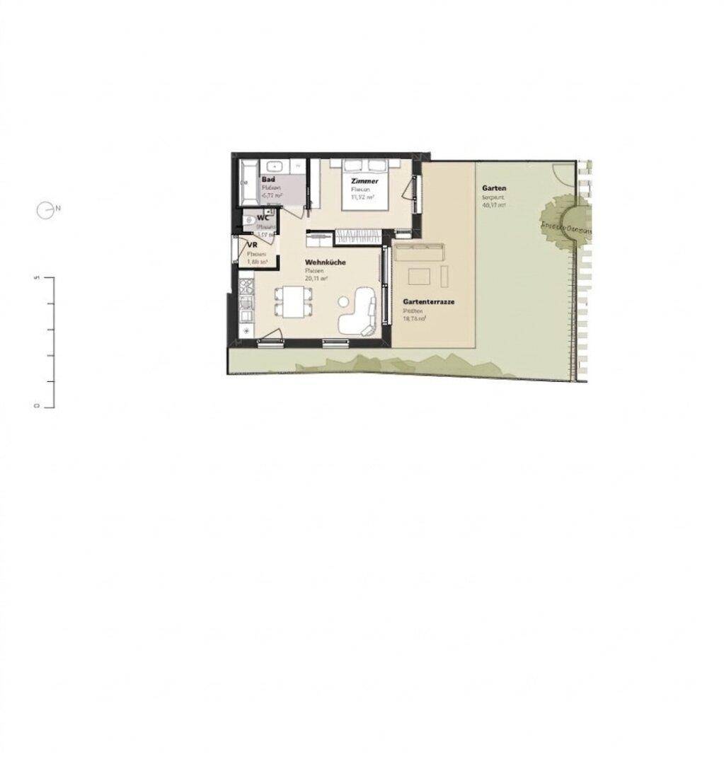 Detaillierter Grundriss einer Erdgeschosswohnung mit offener Wohnküche, Bad und direktem Gartenzugang.