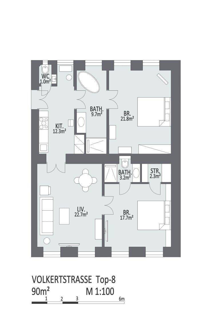 Grundriss einer Wohnung mit zwei Schlafzimmern, zwei Bädern, separatem WC und Abstellraum.
