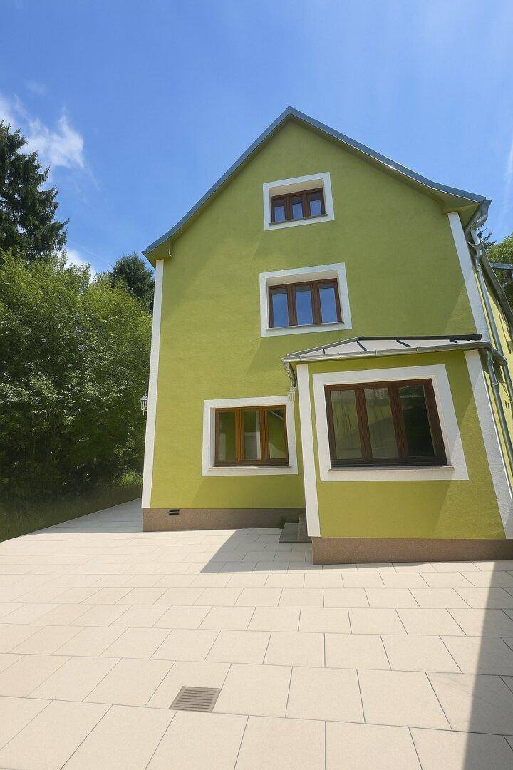 Seitenansicht des grünen Hauses mit großer gepflasterter Fläche und klarem Himmel.