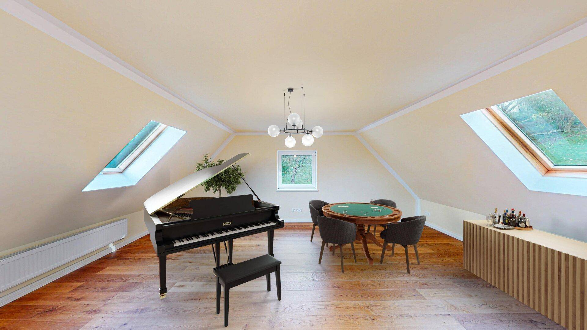 Geräumiger Dachbodenraum mit Klavier, Spieltisch und Dachfenstern für viel Licht.