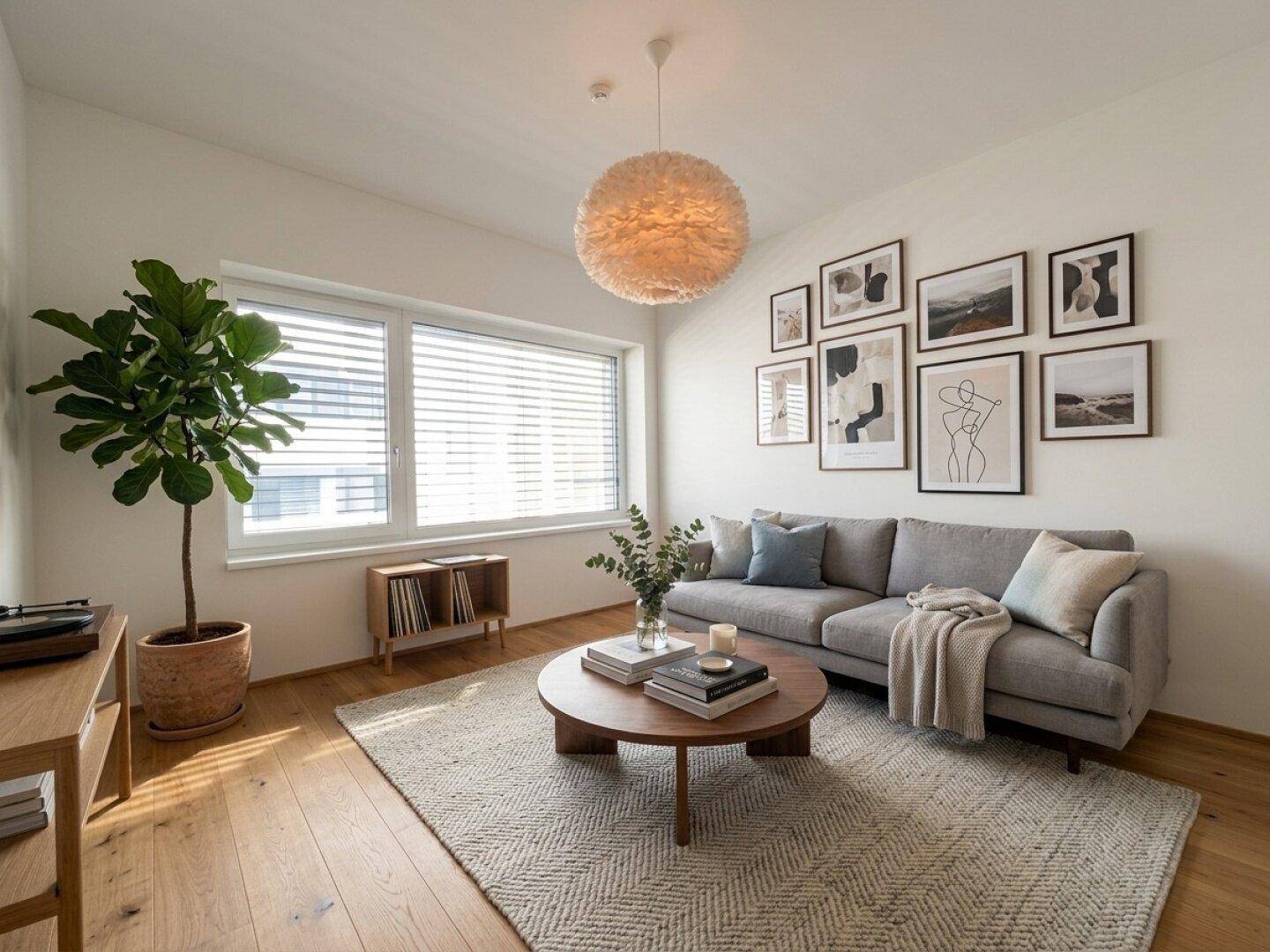 Gemütliches Wohnzimmer mit Holzboden, großem Fenster und einer Bilderwand.