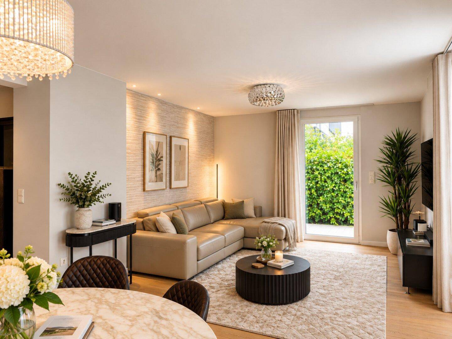 Gemütliches Wohnzimmer mit Ecksofa, Teppich und Zugang zur Terrasse.