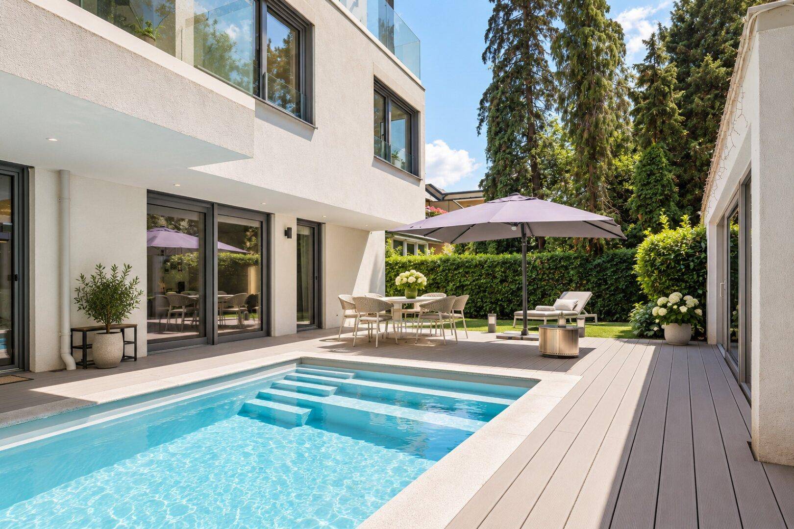 Weitläufige Terrasse mit Pool, Liegestühlen und Essbereich vor der modernen Villa.