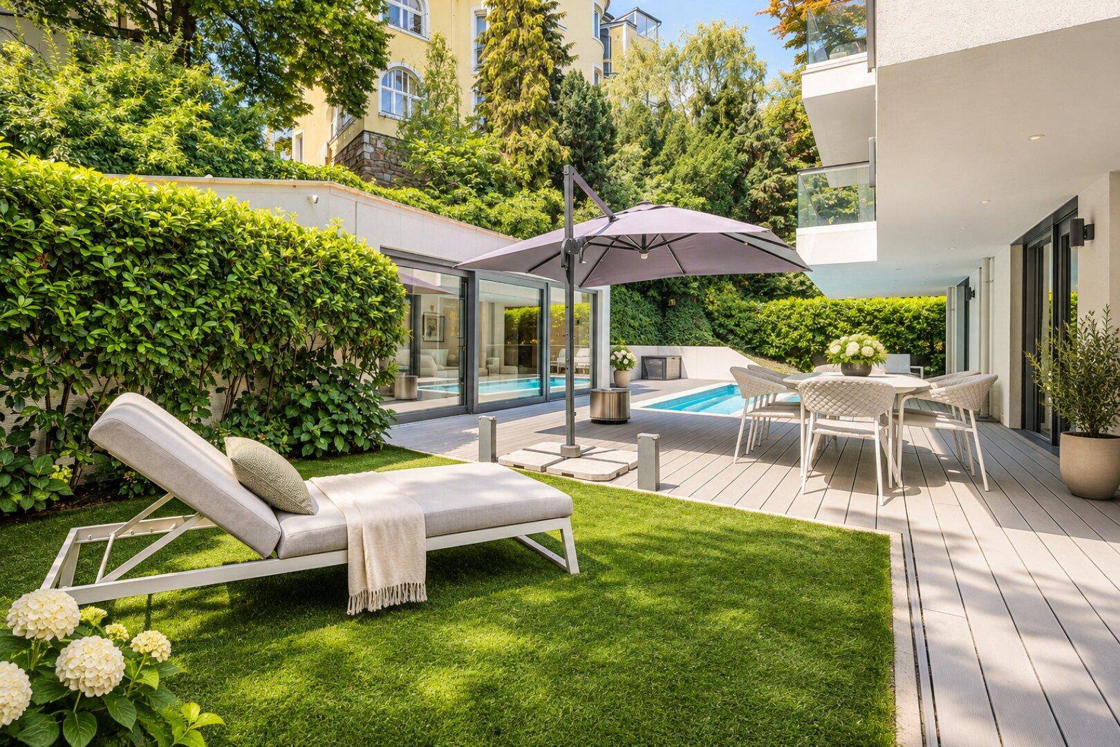 Gepflegter Gartenbereich mit Liegewiese, Terrasse und Blick auf das Gebäude.