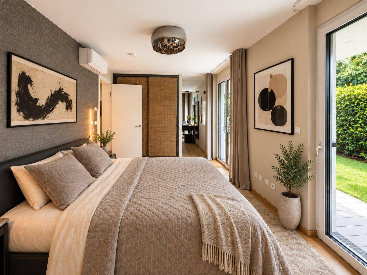 Modernes Schlafzimmer mit großem Bett, Teppich und Zugang zum Garten.