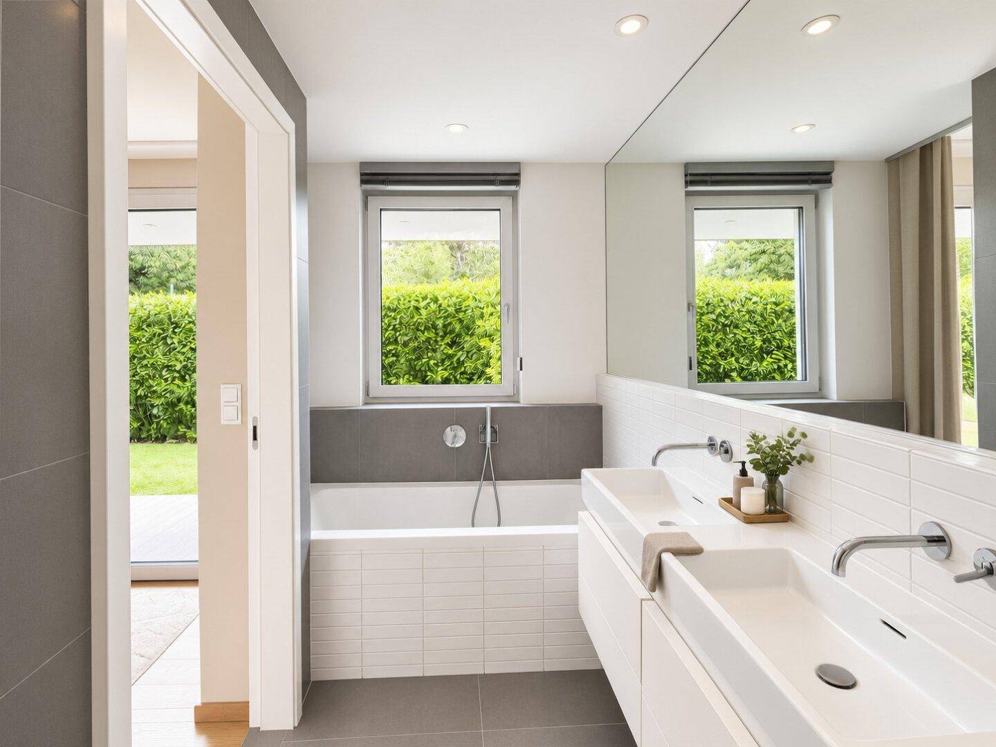 Modernes Badezimmer mit Doppelwaschbecken, Badewanne und Fenster zum Garten.