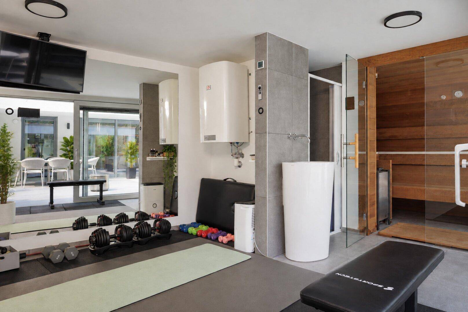 Privater Fitnessraum mit Sauna, Dusche und Zugang zum Außenbereich.