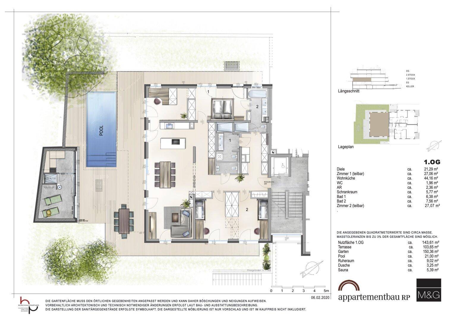 Detaillierter Grundriss des ersten Obergeschosses mit Pool und Gartenbereich.