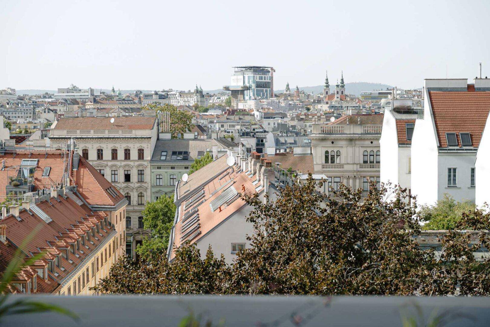 Panoramablick über die historische Stadtlandschaft mit vielen Dächern und Gebäuden.