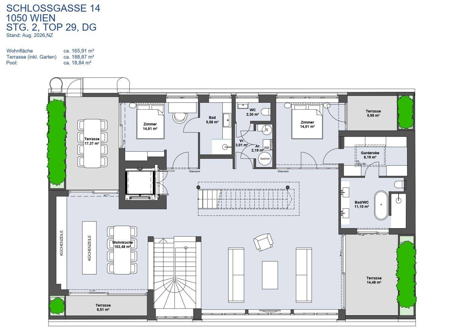 Grundriss der oberen Etage mit Wohnbereich, Küche, Schlafzimmern und Terrassen.