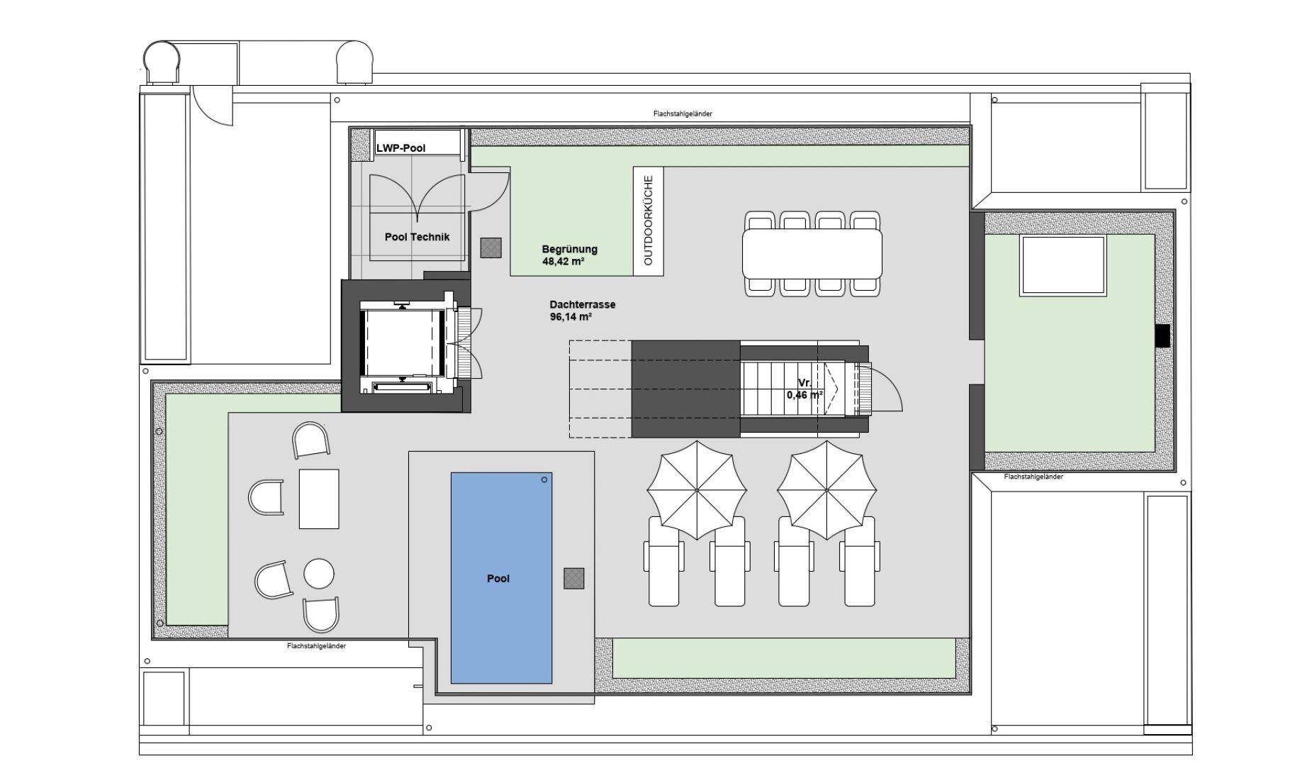 Grundriss der Dachterrasse mit Pool, Essbereich und Liegeflächen.