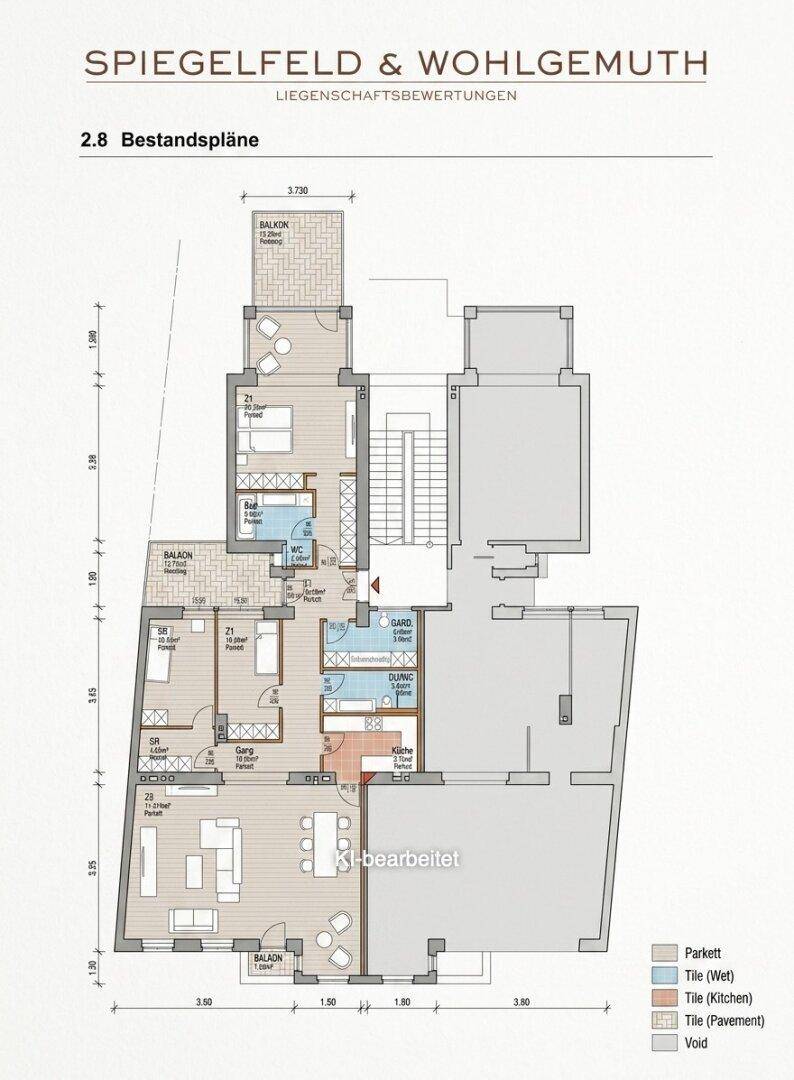 Grundriss einer Wohnung mit offenem Wohn-Essbereich, mehreren Schlafzimmern, Bädern und Balkonen.